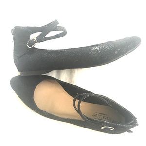 Suede Seychelles black flats with ankle strap.
